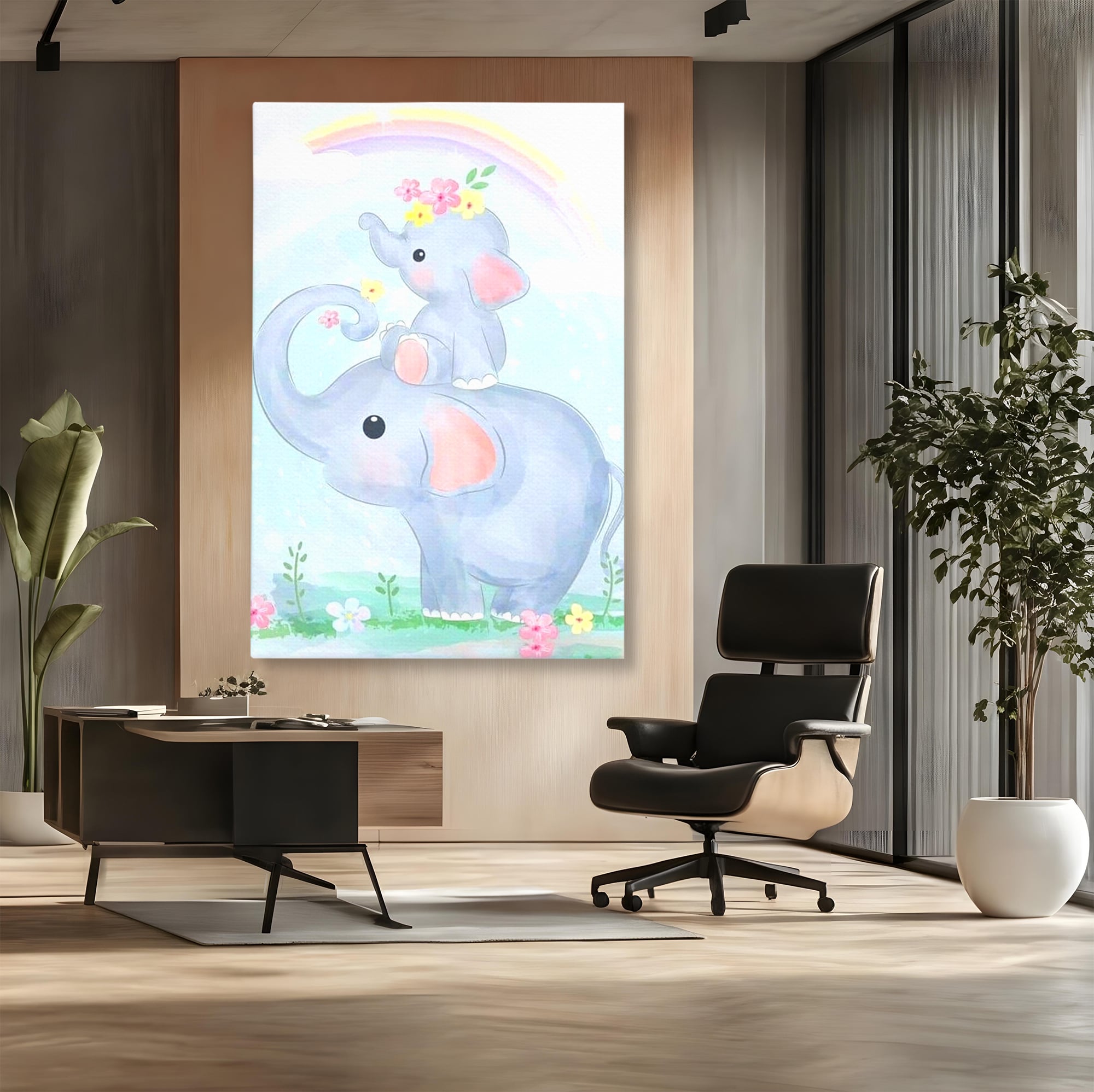 Tablou canvas cu tablou canvas cu elefanti pastelati, fara rama, pe sasiu de lemn, pe perete intr-un birou